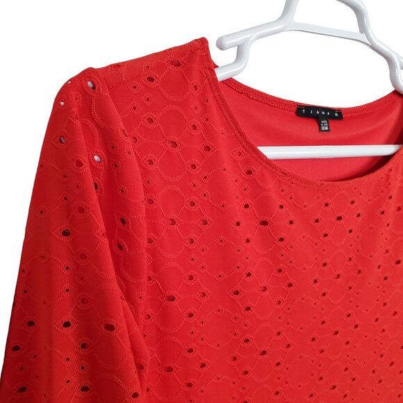 Tiana B Size 18W Dress Shift Stretch Eyelet Overlay Ruffle Bell Sleeve Midi Red - Picture 11 of 14